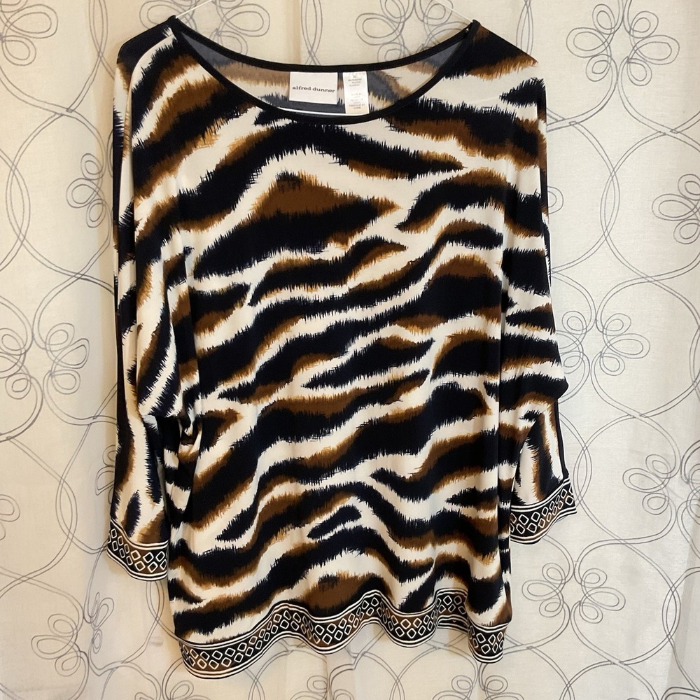 Alfred Dunner Womens 3/4 Sleeve Top Animal Print Stripe Blue Cream Brown Size XL